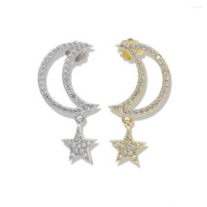 Kolczyki Dangle 925 Sterling Srebrne Crescent Cress Ear Studs Gold Golor Big Moon Drop Star CZ dla kobiet biżuteria