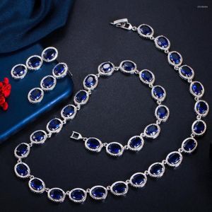 Halsband örhängen set beaqueen fantastisk stora ovala mörkblå kubiska zirkoniumstenar choker bröllop för kvinnor JS272