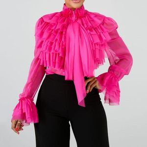 Женские блузки, розово-красные рюши, женские блузки, топы, шифоновые летние женские офисные рубашки для вечеринок, однотонные Falbala с длинным рукавом, африканская блуза