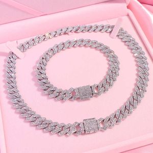 Luxury Iy Full Diamond Lady Jewelry Set Trendy Micro Pave Cz Iced Out 14mm Prong Cuban Link Chain Necklace For Women