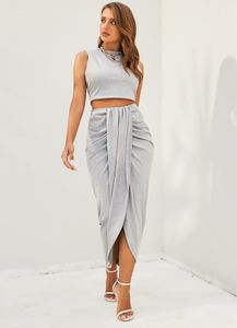 Two Piece Dress Womens 2 Pieces Set Sexy Sleeveless Crop Tank Side Slit Twist Skirt Bodycon Maxi Dresses Summer 230629