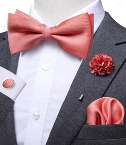 Bow Ties Hi-Tie Luxury Coral Pink Silk For Men Fashion Men's Bowtie Handkerchief Cufflinks Brooch Set Butterfly Wedding Gift