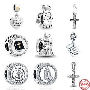 Hot Sale High quality 925 Sterling Silver Dangle designer Charm New Bible Cross Angel Jesus God Bead Fit Pandora Charms Bracelet DIY Jewelry Accessories party Gifts