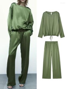 Kadın İki Parça Pantolon 2 ADET Pantolon Setleri Kadın Şık Yeşil Gömlek Moda O-Boyun Uzun Kollu Kazak Rahat Üstler Kadın Yüksek Bel Geniş Bacak