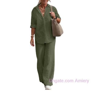 Taglie forti Set da donna in cotone e lino a due pezzi 2023 Camicia a maniche lunghe con risvolto Primavera e autunno Camicette casual tinta unita Pantaloni Gamba larga Completi 4xl 5xl