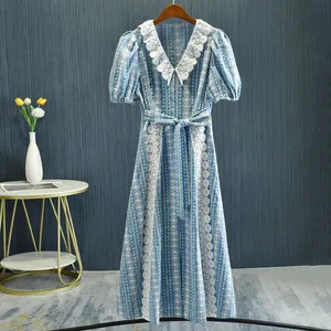 23 Xia Xin Xiao Xiang Temperament ma * je Lace up Waist Lapel Lace Lace Embroidery Waist up Fashion Temperament Dress Long