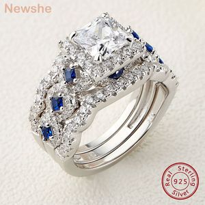 Com pedras laterais ela 3 peças conjunto de alianças de casamento para mulheres prata 925 2,6 quilates corte princesa branco azul AAAAA CZ anel de noivado de luxo 230630