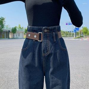 Kvinnors jeans koreanska mode blå slouchy baggy kvinnor hög midja bälte byxor kvinnliga pojkvänner flickor förlorar haren de de