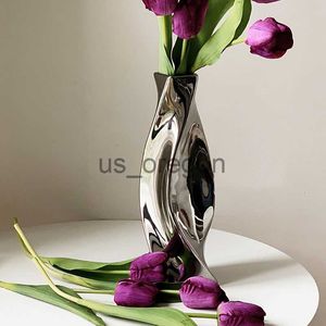 Vases Nordic Ceramic Plating Antique Spiral Mirror Silver Flower Art Vase Sculpture Decoration Living Room Desktop Home Decor Ornament x0630