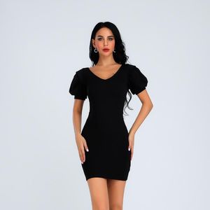파티 드레스 고품질 섹시한 V 넥 블랙 화이트 나이트 클럽 짧은 퍼프 슬리브 Bodycon 미니 드레스