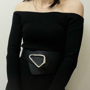 Belts The First Layer Of Cowhide Triangle Silver Buckle Pebbly Shape Wide Waist Seal Leather Women's Dress Belt To Show Thin Wai