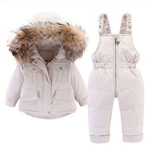 Куртки Комплект из 2 предметов Зимняя пуховая куртка и комбинезон для маленьких девочек для детей, утолщенный теплый меховой воротник, зимний комбинезон для девочек 0 4 года 230630