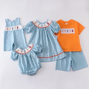 Zestawy odzieży Ekskluzywne GirlyMax Spring wielkanocne rodzeństwo Dziewczęta chłopcy buny spodenki z tkaniną sukienkę Bunny Polka Dot Romper 230630