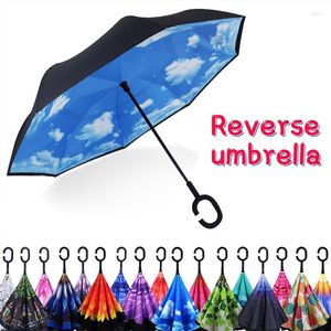 Paraplyer 2023 Fällande långt skaft med dubbla lager Inverterat paraply Vindtätt omvänd C-krok Male Golf för bil