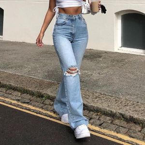 Moda dżinsów damskich podarte kobiety dżinsowe spodnie w trudnej sytuacji Capris Bell dolna wysoka talia Kobieta Y2K Flare Pants Streetwear