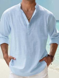 قميص رجالي كتان قميص غير رسمي قميص للشاطئ قميص هينلي أسود أبيض وردي كم طويل هينلي عادي لربيع وصيف ملابس عطلات هاواي
