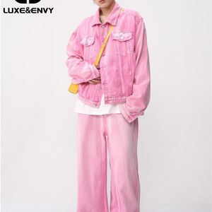 Мужские спортивные костюмы LUXE Korean Edition Розовое джинсовое пальто Прямые джинсы Повседневный комплект Мода Весна-Лето 2023 230629