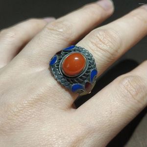 Cluster Rings 1pcs/lot Rare Natural Southern Red Agate Ring Enamel Cloisonne Retro Female Filigree Silver Number 6 China Tradition Manual