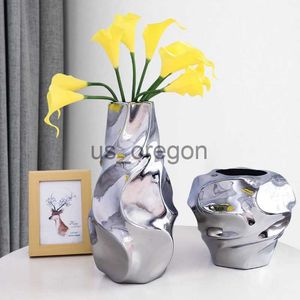 Vases Irregular Corrugated Electroplating Silver Ceramic Vase Luxury Porch Living Room Flower Arrangement Dried Flower Table Decor x0630