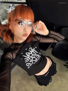 Damen T-Shirts Frauen Mesh Durchsichtig Schwarz Weiblich Harajuku Sexy Langarm T-Shirts Ästhetische Straße Y2k Kleidung