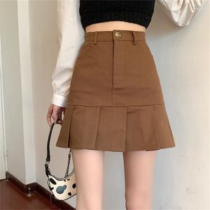 Skirts Korean Fashion Brown Short Skirt Vintage Slim Cute Pleated Women Preppy Style Button Up High Waist Summer