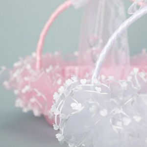 Party Decoration Collapsible Flower Girl Basket For Wedding Liten Satin Wrapped Baskets With Lace and Clear Heart Pendant White Pink