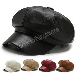 Pu läder kvinnor basker hatt 2023 mode gata konstnär varm platt höst vinter retro fast färg målare hatt åttkantiga mössor