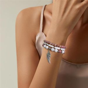 Charm Bracelets Wholesale 3Pcs/Set Redwood Grain Gems White Howlite Bracelet Angel Wing For Women Men Jewelry Gifts