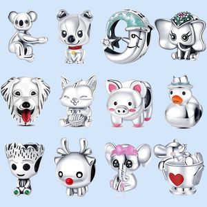 925 Sterling Silver Charms för Pandora smycken pärlor Colgante Elephant Dog Cat Duck Pig Charm Set