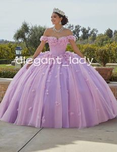 Lila rosa exponerade utbenering quinceanera klänningar från axelkorsettblommor applikationer kristall vestidos de 15 anos färg lila