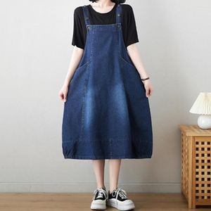 Günlük Elbiseler 2XL Denim Sundress Kadın Yaz Elbise Cep Kolsuz A-Line Tank Midi Kore Moda Genel Kot Büyük Boy