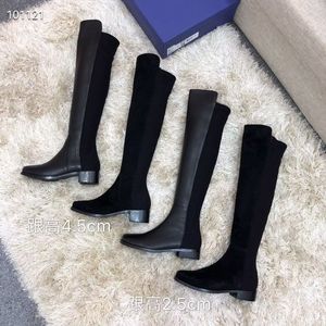 Högklackade långa stövlar Autumn Winter Goarse Heel Women Shoes Real Leather Zipper Black Suede Elastic Boots Designer Shoe Lady Heels Over Kne Boot Stor storlek 35-41-42