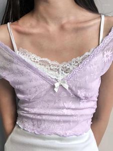 Women's T Shirts Sweet Y2K Lace Cami Patchwork Cropped Top Purple Coquette Aesthetic Short Sleeve T-shirts Fairycore Cute Clothes