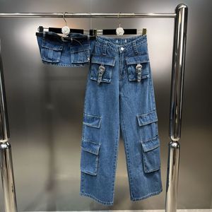 Erkek pantolonları kadın eşofmanları prepomp kolsuz askısız kamisole mahsul üst kemer yüksek bel yüksek bel mavi denim kargo uzun kot pantolon iki parça set kadın gh2 230630