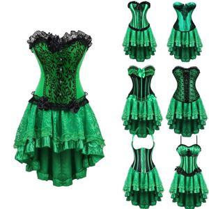 Conjunto de saia espartilho burlesco feminino roupa de dança para festa de clube verde overbust espartilho com saia hi-lo flocada plus size S-6XL espartilho D2931