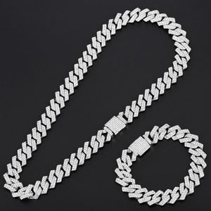 Wedding Jewelry Sets 15mm Miami Prong Cuban Chain Link Silver Color Necklaces 2 Row Full Iced Out Bracelet Set for Mens Hip Hop Chains 230630