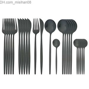 Servis uppsättningar 24 st svart bestick set rostfritt stål servis kniv gaffel kaffe sked tabell hem kök middag 210804 z230630