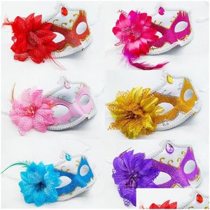 Maschere per feste Halloween Masquerade per le donne Mezza faccia Er Dipinto in polvere d'oro Fiore Feather Ball Princess Mask Drop Delivery Home Gar Dhna1