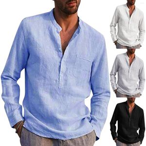 Camisas casuais masculinas gola alta camisa de cor lisa manga longa bolso tops de algodão moda férias streetwear