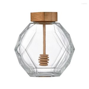 Storage Bottles Glass Honey Pot 12oz Jars With Dipper Clear Container Hexagonal Shaped Sealed Bottle For Salad Dressing
