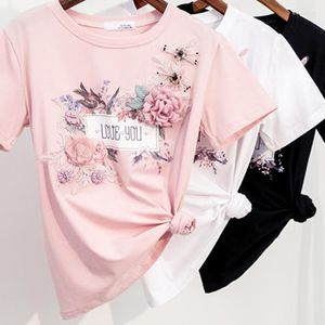 Women's T Shirts Chic Flowers Beading Sequins Summer Kawaii Clothes Pink Black White Graphic Tees Women Harajuku Cute Tops Tee C26