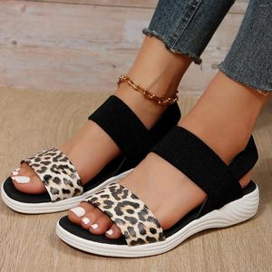 Sandaler Summer Women Shoes Leopard Print Leather Open Peep Toe Elastic Platform Sport Flat Sandalias Mujer Wedge