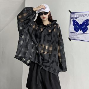 Women's Hoodies Women Black White Loose Harajuku 2023 Spring Lady Plaid Transparent Lantern Sleeve Hooded Sweatshirts Sun Protect Top