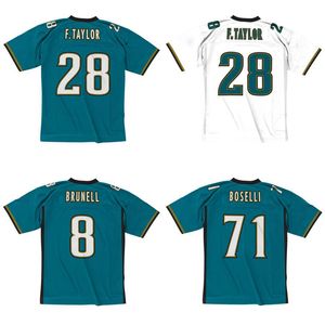 Genähtes Fußballtrikot 28 Fred Taylor 8 Mark Brunell 71 Tony Boselli 1997–1998, grün, Mitchell Ness, Retro-Rugby-Trikots, Herren, Damen, Jugend, S-6XL