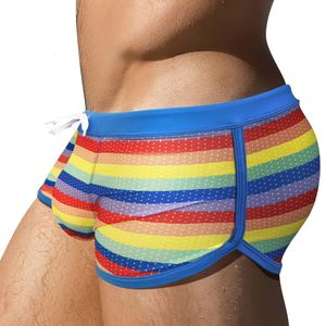 Herrbadkläder Summer Side Split Mens Sexig U Pouch Rainbow Beach Swimming Trunks Nylon Quick Dry Board Shorts Man Sport Bathing Suit 230630