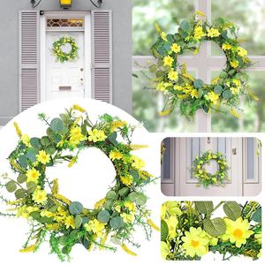 Dekorativa blommor Bee Wreath Decoration Vårdörr för utomhus lämpliga sommargula dekorationer Daisy Party Säsong Garland Modern Front