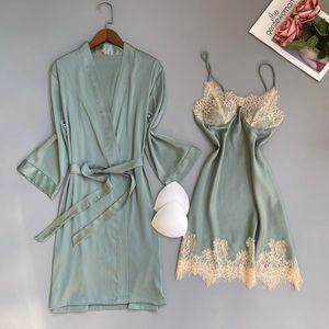 Women's Sleepwear 2PCS Robe Set Sexy Satin Summer Homewear Spaghetti Strap Nightdress Women Lace Trim Sleepshirt Cozy Kimono Bathrobe