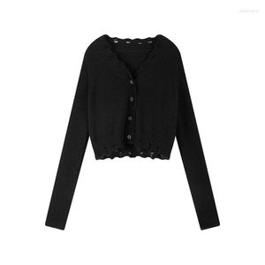 Kvinnors stickor Black Woman Short Sweater Autumn Slim Sticked Cardigan For Women Clothing Ladies Cardigans Long Sleeve Korean Sweaters ZM2291