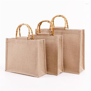 Förvaringspåsar säckväv jute shoppingväska kvinnor bambu loop hanterar tote retro handväska diy bärbar duk