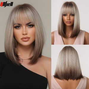 Perucas Sintéticas Curtas Retas para Mulheres Loiras a Castanhas Ombré Bob com Franja Diariamente Cosplay Festa Cabelo Falso Resistente ao Calor 230630